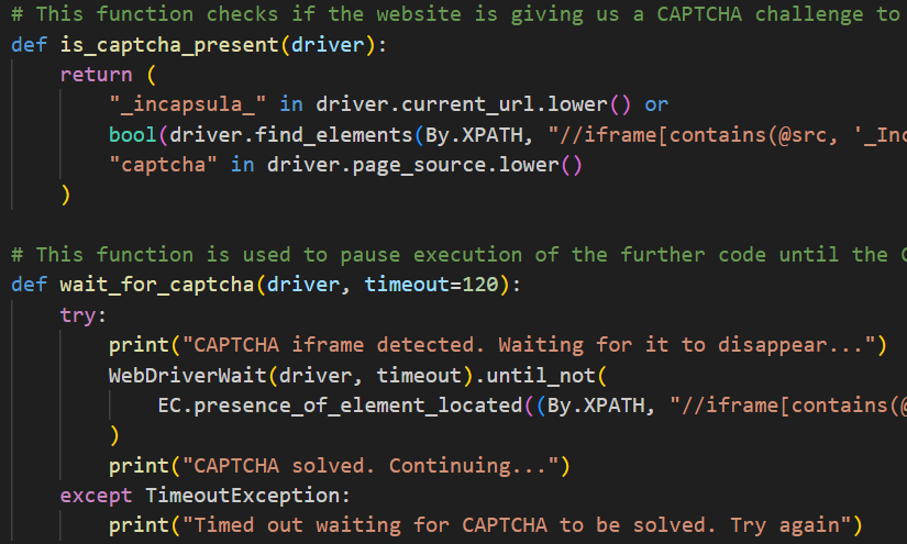 Coles web scraper CAPTCHA detection and wait logic using Selenium